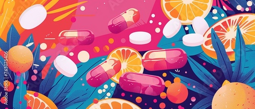 Engage in a visual exploration of nutrition with a 2D flat color illustration depicting the benefits of multivitamins