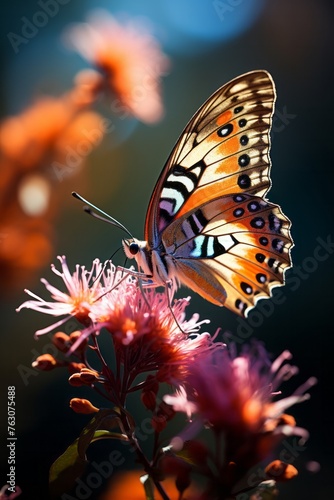 A macro shot of a butterfly sipping nectar from a flower with its long proboscis extended © Vit
