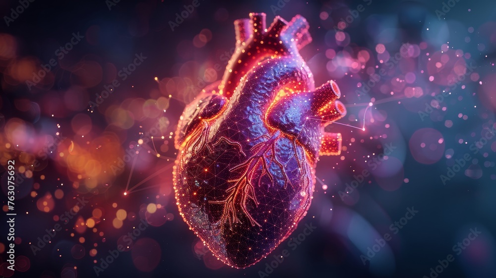 A modern-illustrated heart with pain center. Low poly wireframe. A polygonal, 3D human body on a dark background. Medical concept with geometry triangles. - obrazy, fototapety, plakaty 