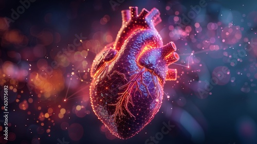 A modern-illustrated heart with pain center. Low poly wireframe. A polygonal, 3D human body on a dark background. Medical concept with geometry triangles.