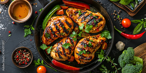 Marinated grilled healthy chicken breasts cooked on a summer and served with fresh herbs,  photo