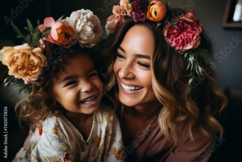 A mother and daughter are smiling as they each have flowers tucked in their hair. The little girl is looking up at her mother with admiration, while the woman lovingly gazes back at her daughter photo
