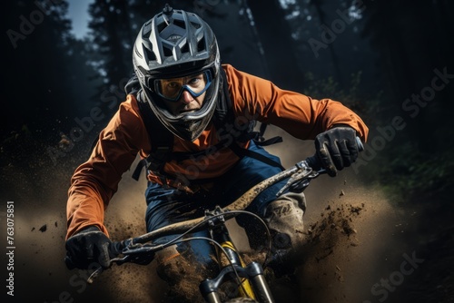 A mountain biker tearing down a rugged trail on a dirt bike through a dense forest with trees, branches, and foliage in the background photo