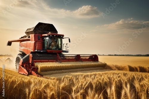 harvest wheat with combine harvester machine in agricultural field.