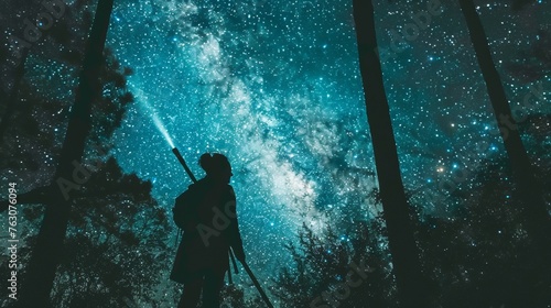 Long exposure photo of Milky Way. Man holds a flashlight illuminating the night sky. Low ISO and long exposure result in images with soft focus and noise.
