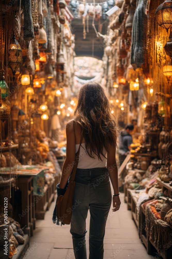 A solo traveler wandering through an ancient bazaar filled with exotic spices, textiles, and trinkets from distant lands