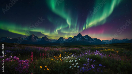 Photoreal as Nocturnes Palette Concept As Rolling hills enveloped in mist with a sky painted in the soft hues of the aurora borealis, Full depth of field, clean light, high quality ,include copy space photo