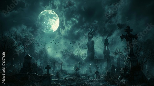 3D Illustration of a cemetery at night with a moon in a cloudy sky and bats - A spooky cemetery at night featuring a moon and bats