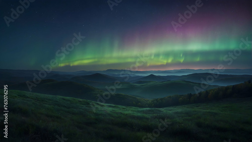 Photoreal as Nocturnes Palette Concept As Rolling hills enveloped in mist with a sky painted in the soft hues of the aurora borealis  Full depth of field  clean light  high quality  include copy space