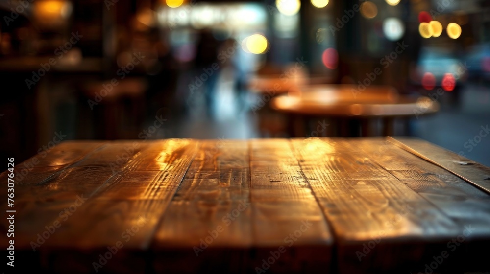 Blurred wooden table in the city cafe