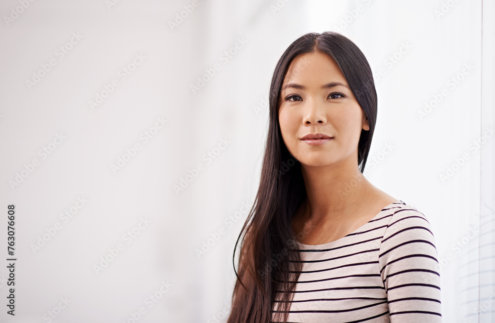 Company, office and portrait of business Asian woman with confidence, pride and ready for opportunity. Creative startup, professional worker and person in workplace for career, job and work in Japan Company, office and portrait of business Asian woman with confidence, pride and ready for opportunity. Creative startup, professional worker and person in workplace for career, job and work in Japan