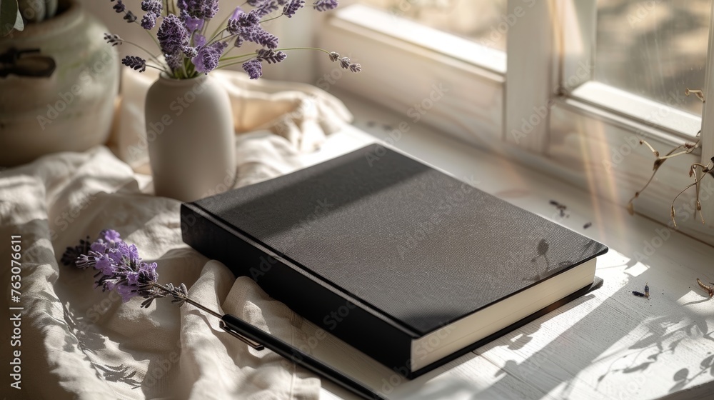 Elegant black notebook cover mockup with lavender flowers on minimalist background
Elegant black notebook cover mockup with lavender flowers on minimalist background