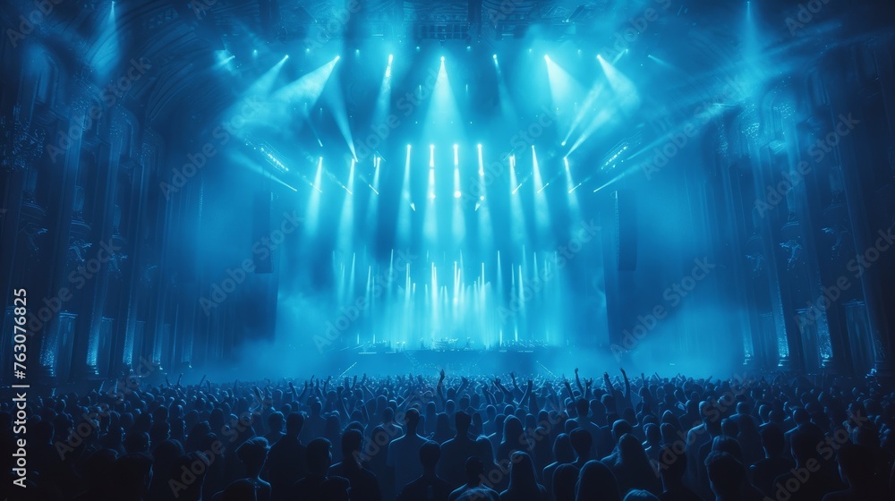 Stage lights in blue tones in a crowded concert hall, rock show performance, with people silhouetted, on the dance floor during a festival - obrazy, fototapety, plakaty 