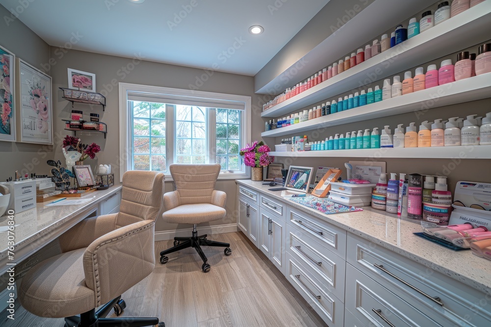 The sterile interior of a cosmetic studio with organized equipment and supplies professional photography