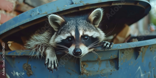 Urban Raccoon Scavenging in Trash Can. Raccoon going through garbage and looking for food in trash bin on city street. photo