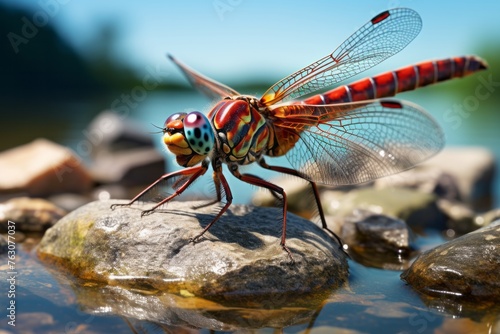 A dragonfly is seen sitting on top of a rock, its wings slightly spread, under natural sunlight