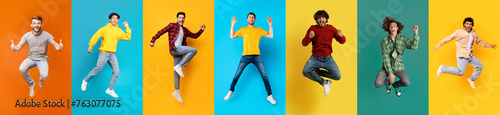 Big Luck. Diverse Happy Males Jumping Against Bright Backgrounds In Studio