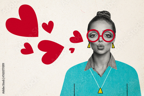 Composite sketch image artwork 3D photo collage of fashion lady wear glasses sent love hearts happy valentine day calabration postcard photo