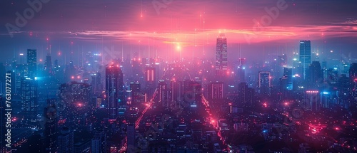 An urban nightscape concept with wireless network and connection technology with a modern cityscape background. Wireless network and connection technology with cityscape background at night.