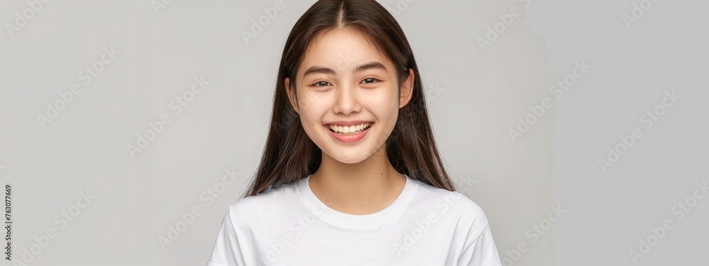 Beautiful korean girl smiling, white teeth, looking lovely at camera, standing in white tshirt over studio background - obrazy, fototapety, plakaty 