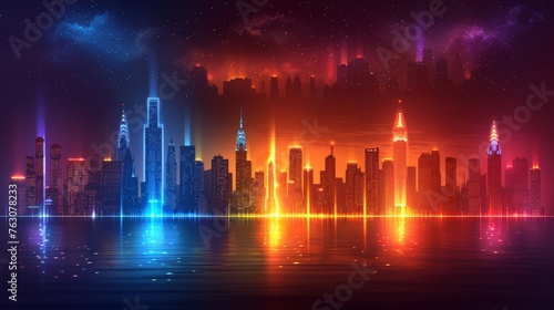 Night city road street cartoon landscape illustration with neon lights. Urban skyline background with street and building at night. Empty dark game panorama scene.