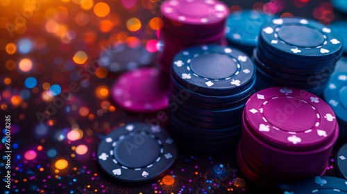 Modern illustration of poker background with neon chip and ace bet. LED roulette concept on blue playing fabric design top view. Blackjack glow holdem internet banner design.