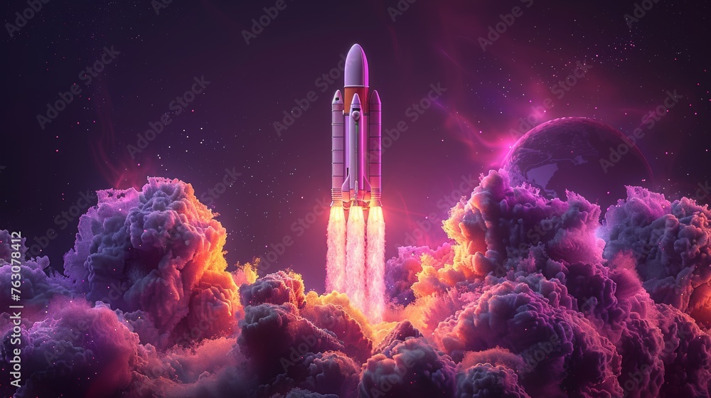 Spaceship launching purple web page over neon glowing circle isometric illustration of a business start up concept. Rocket taking off with fire and smoke over neon glow circle on ultraviolet