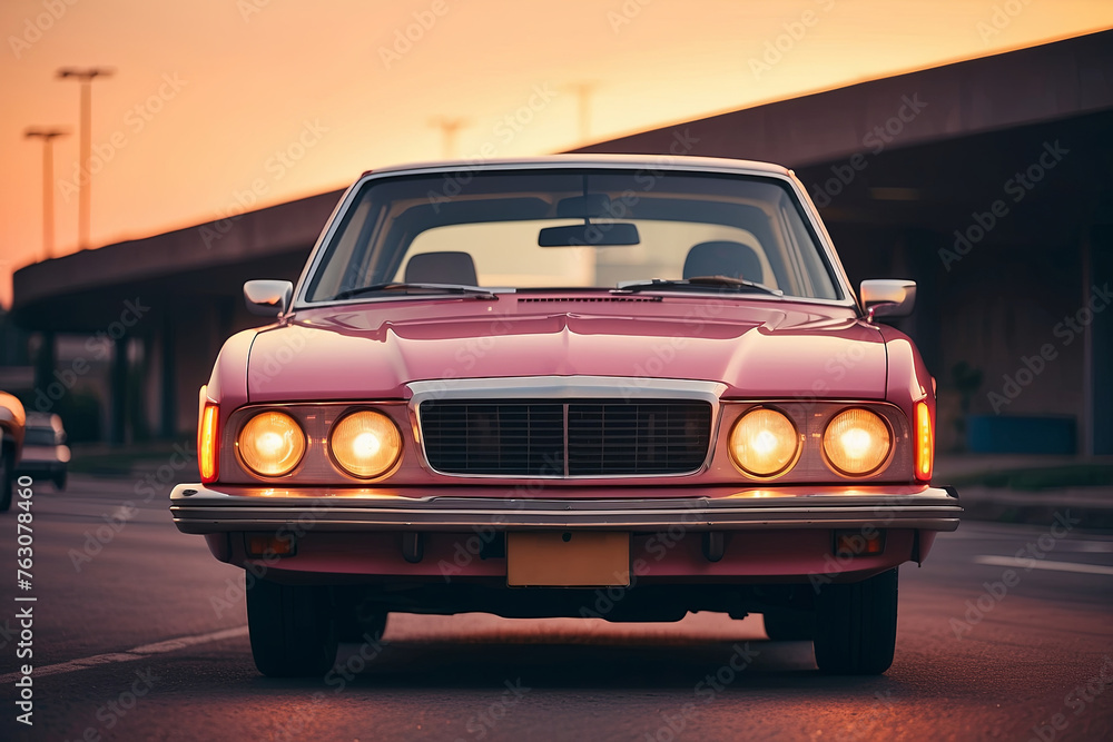 retro car with sunset, retro cinematic style