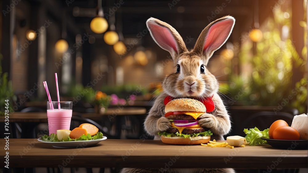Fototapeta premium Easter bunny eating cheeseburger, cafe background