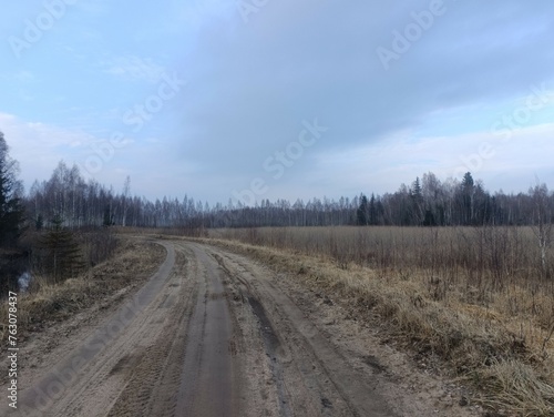 Road in forest in Siauliai county during cloudy early spring day. Oak and birch tree woodland. cloudy day with white clouds in blue sky. Bushes are growing in woods. Sandy road. Nature. Miskas. 