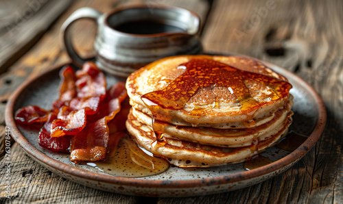 Buckwheat pancakes with a side of crispy bacon and a small jug of maple syrup on modern plate. photo