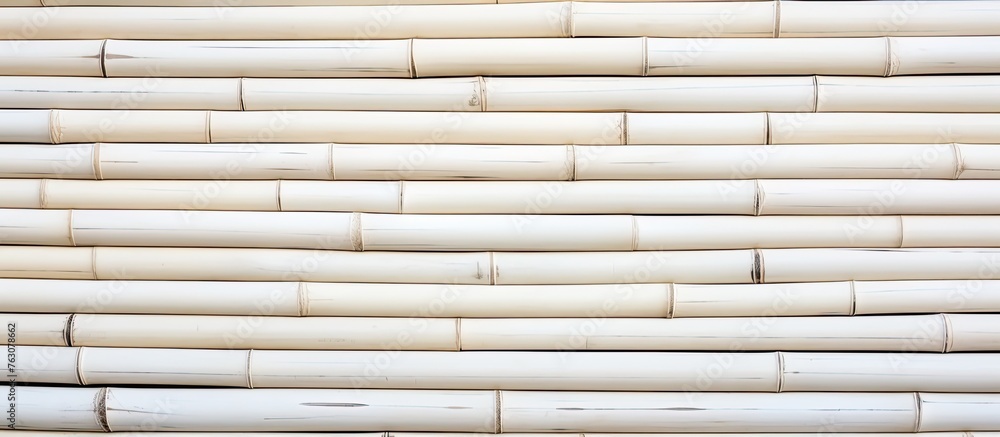 A detailed look at a rectangular white bamboo wall showcasing its unique siding pattern and beige tint. Perfect for window treatments or flooring A detailed look at a rectangular white bamboo wall showcasing its unique siding pattern and beige tint. Perfect for window treatments or flooring