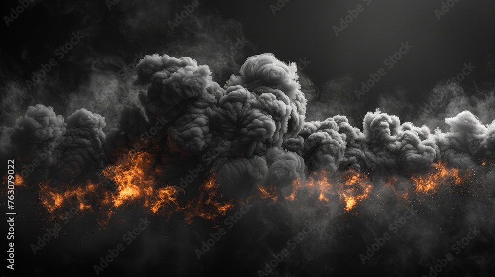A modern illustration of black smoke clouds, toxic fog or smog, caused by fire, explosion, burning carbon or coal. Black fume texture isolated on a transparent background. - obrazy, fototapety, plakaty 