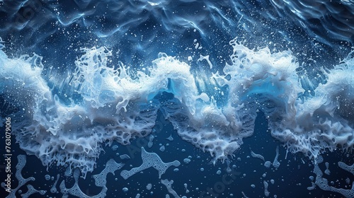 Blue ocean foamy water splash isolated on transparent background. Natural nautical frame, spume froth design element, realistic 3d modern illustration.