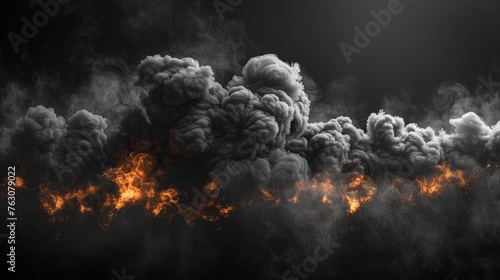 A modern illustration of black smoke clouds, toxic fog or smog, caused by fire, explosion, burning carbon or coal. Black fume texture isolated on a transparent background.