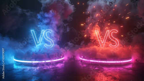 An opponent's VS sign with blue and red empty podiums or pedestals, glowing sparks and smoke on a black background. Realistic 3D modern illustration. Sport competition, martial arts combat, fight