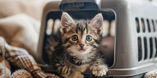 Cute little kitten in a pet carrier. Close-up of a curious baby cat Peering Through Pet Carrier, copy space. 