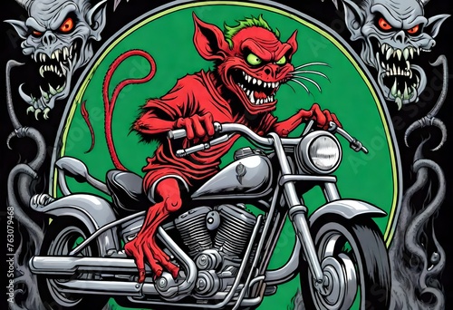 a bright colored cartoon of an evil devil riding a fictional unbranded motorcycle. motorcycle gang logo. Suitable for a t-shirt design.