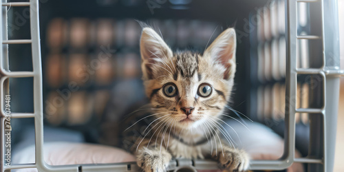 Cute little kitten in a pet carrier. Close-up of a curious baby cat Peering Through Pet Carrier, copy space.  © dinastya