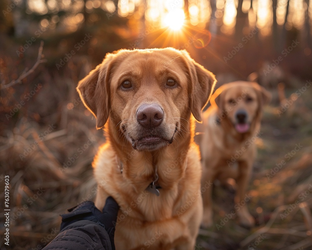 Labrador retrievers family love panoramic view golden hour glow