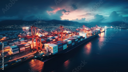 Container ship unloading in deep sea port, Aerial business commercial trading logistic import and export freight transportation, Container loading cargo freight ship maritime