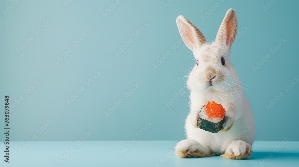 Fototapeta premium White Easter bunny with sushi on blue background, copy space