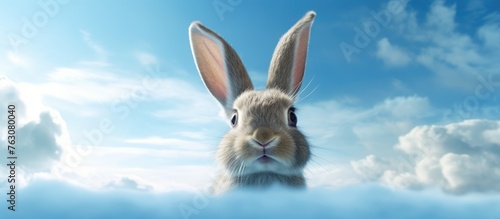 A happy rabbit stands in the clouds, looking at the camera. Its ear and snout can be seen against the natural landscape. The terrestrial animal is surrounded by sky and water, creating a serene event © 2rogan