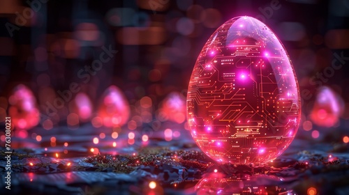 Easter egg in tech futuristic style. Greeting card with abstract 3d egg and circuit board texture. Glowing digital modern image.