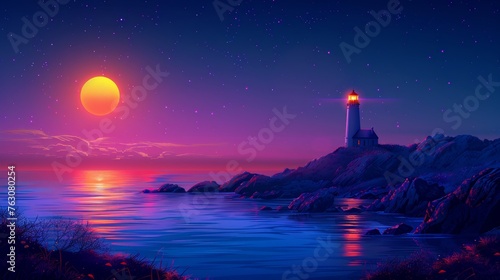 Modern illustration of a lighthouse on the seashore in a digital futuristic style. It is in the form of a light effect that guides you to the sea. Night landscape with buildings along a rocky coast.