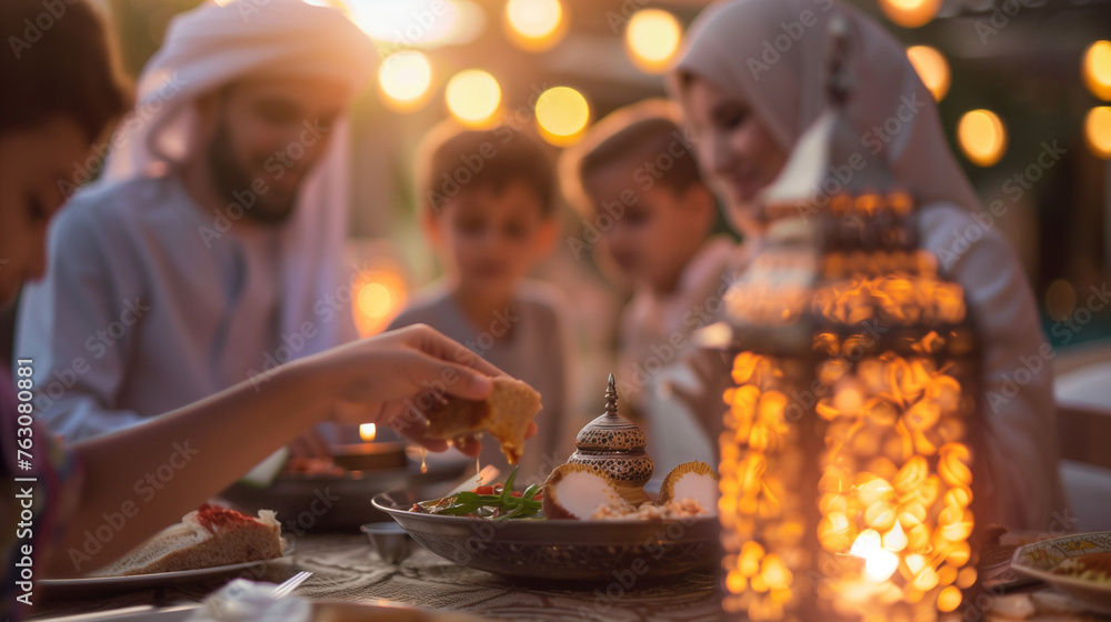 
an image of Muslim family gathered around a table with food on it during a celebration or special occasion like Ramadan. blurred out of focus. Ramadan fasting 