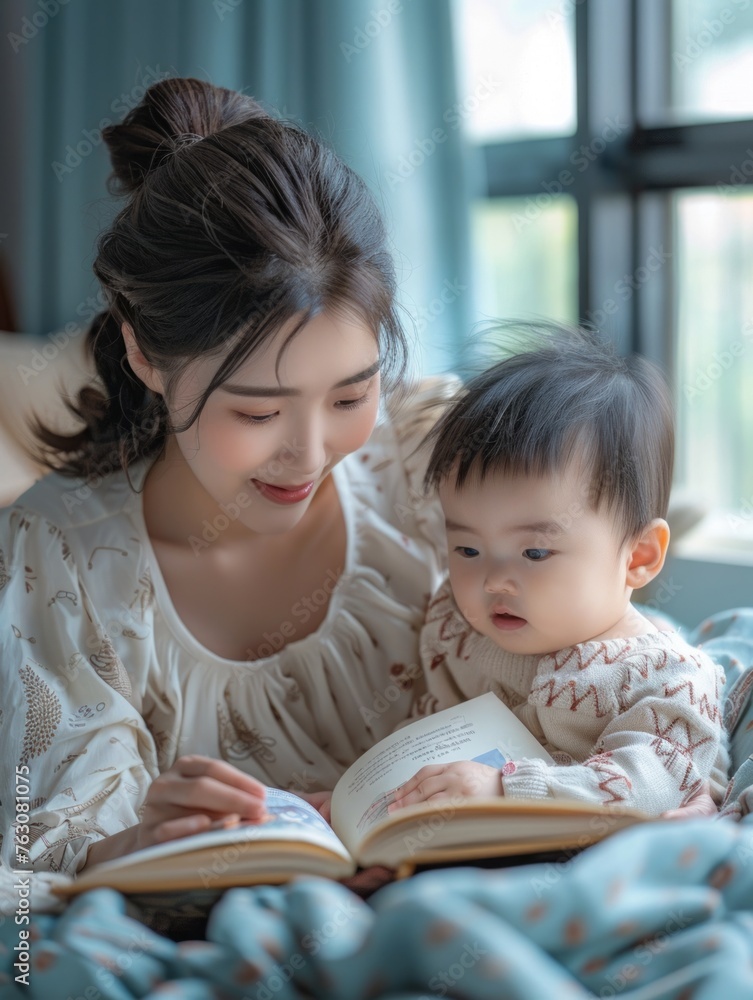 A young mother, with her hair tied up, shares a moment of bonding with her infant by reading from a storybook A young mother, with her hair tied up, shares a moment of bonding with her infant by reading from a storybook