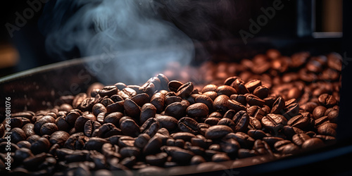 Arabica or Robusta coffee beans, Coffee roaster, Aromatic coffee beans situating in modern equipment with grain chiller, Coffee Bean Roaster Machine, Industry concept, Generative AI