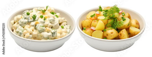  bowls with potato salad with mayo and vinaigrette dressing isolated on white background