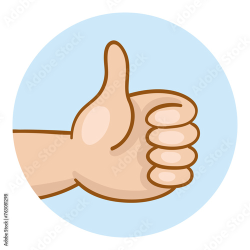 Avatar icon of a child's hand showing thumbs up. In a blue circle. Isolated on white background. Vector illustration.